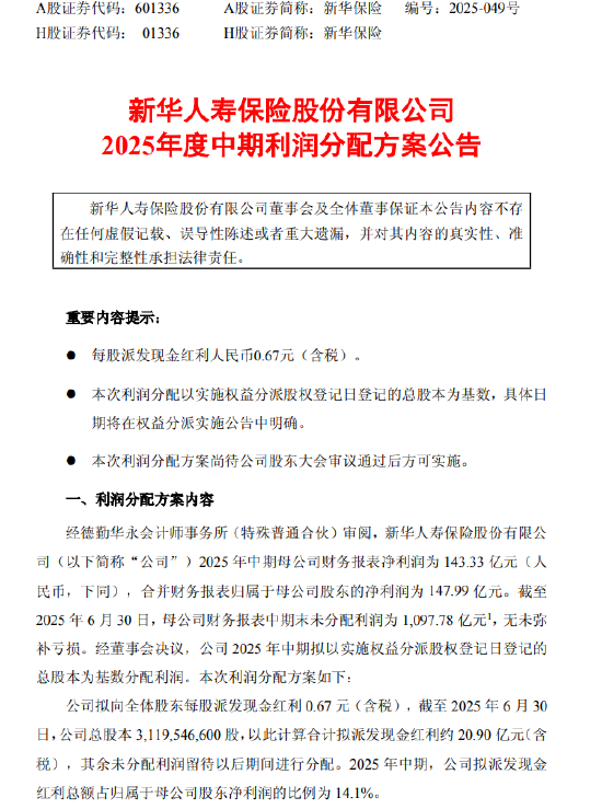 新华保险发布中期利润分配方案：拟每股派发现金红利0.67元（含税）-第1张图片-悦刻网上商城官方网站-正品优惠，尽在悦刻官方网站